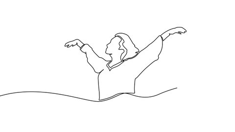 Continuous line drawing of happy woman raising hands. Continuous line animation video woman stretching arms relaxing picture vector illustration. concept of freedom. Beautiful woman 4K video animation