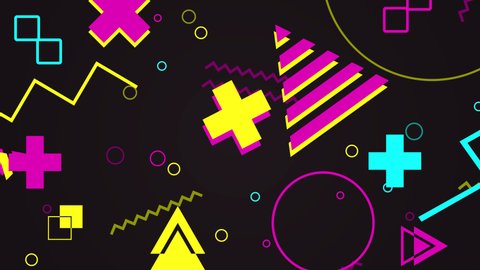 Abstract 4k animation of a retro pattern background with geometrical shapes and lines. 80s 90s Memphis style. Violet, yellow, neon green, cyan and pink color palette.
