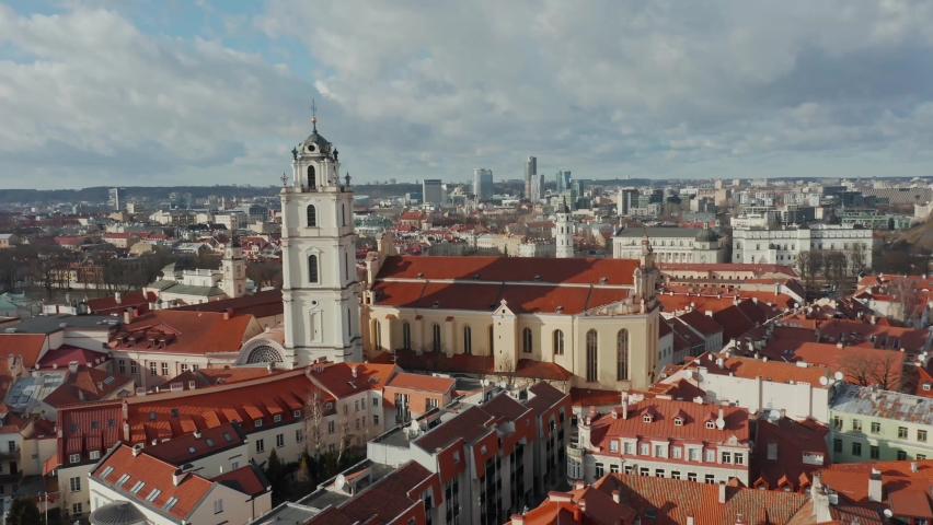 AERIAL: Vilnius City Old Town on a Warm and Beautiful Spring Day Royalty-Free Stock Footage #1069476448