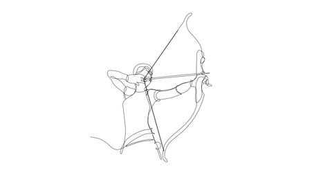 4K and HD video of a young female archer shooting a bow with arrow to aim at an archery target. Concept of Olympic sport and medieval representations. Illustration made in solid line, black line on wh