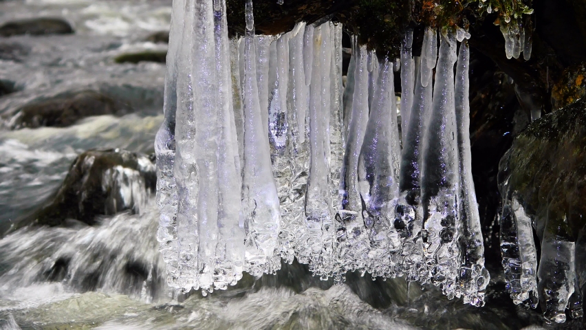 Icicle over stream, Close-up of icicles over river water