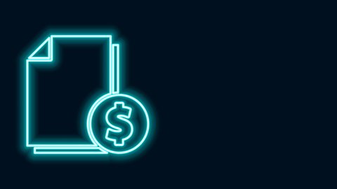 Glowing neon line Finance document icon isolated on black background. Paper bank document with dollar coin for invoice or bill concept. 4K Video motion graphic animation.