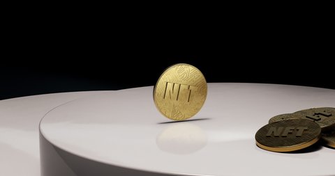 NFT golden coin spinning on stage top. Slow motion golden coin spin on glossy plastic surface, dramatic light, comes to rest near pile of NFT coins. Coin is gold material with raised circuit embossing