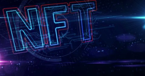 NFT crypto art sign, non fungible token of unique collectibles, blockchain and digital artwork selling technology neon symbol. Abstract concept 3d rendering background animation.