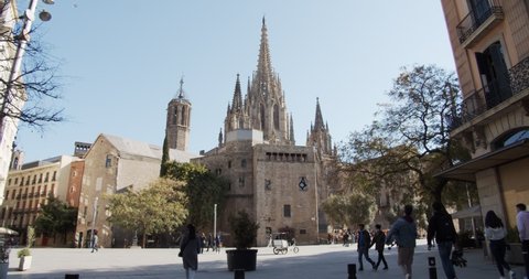 Barcelona Spain 03 23 2021 - panoramic view of the cathedral of Barcelona and the square. Barcelona tourist center on a sunny day