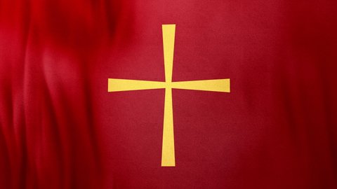 Golden Christian Cross on liturgic red velvet cloth copy space loop. 3D animation for online worship symbolizing the passion for Christ in Confirmation, Good Friday, Palm Sunday, and the Pentecost.