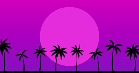 Tropical landscape with palm trees at sunrise and sunset. Animation of the movement of palm trees and the sun. 80s Retro style. Horizontal composition, 4k video quality Stockvideó