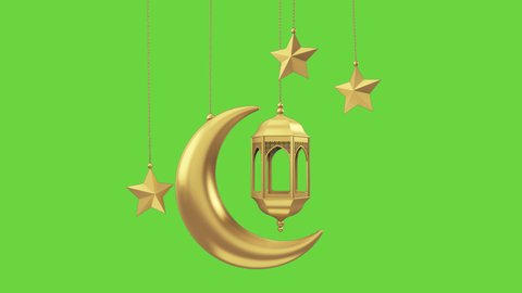 Golden Ramadan candle lantern, stars and moon are hanging on green screen background. There is space for your message text and logo. Top quality 3d animation