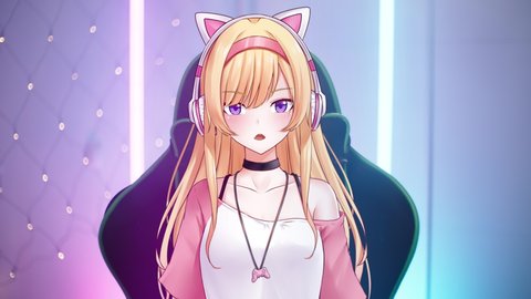 Cute anime girl vtuber on gaming chair interact with stream viewers 4K