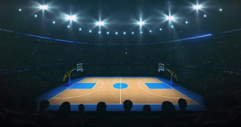 Spotlights shining above the basketball court in side view from grandstand. Sport arena lighting up in 4k background animation.