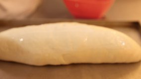 Baking production process in the kitchen. Brushing A Beaten Egg Over Dough On Baking for the formation of an appetizing crust. Tray Ready To Bake In The Oven. slow motion 100 fps. ungraded video