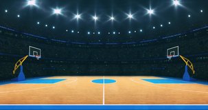 Basketball court at side view. Sport arena as 4k background animation in endless loop.