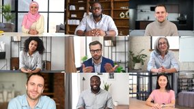 Video screen with a diverse colleagues talking together online, having video conference, briefing online, brainstorming with a confident leader in the center, app for video communication for workteam - Powered by Shutterstock - Get 15% off with code: PIKWIZARD15