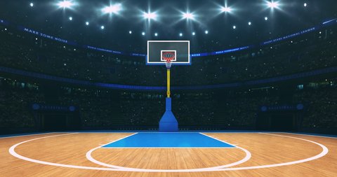 Spotlights shining above the basketball court and basket front view. Sport arena lighting up in 4k background animation.