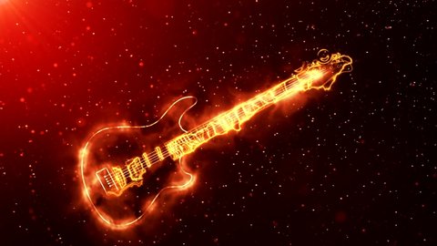 Stylized, animated image of an electric guitar on fire.