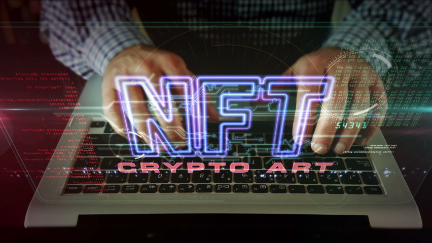 NFT crypto art sign, non fungible token of unique artist collectibles, blockchain and digital artwork selling technology symbol. Man typing on keyboard. Futuristic abstract concept 3d rendering. Royalty-Free Stock Footage #1069542649