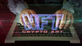 NFT crypto art sign, non fungible token of unique artist collectibles, blockchain and digital artwork selling technology symbol. Man typing on keyboard. Futuristic abstract concept 3d rendering. - Powered by Shutterstock - Get 15% off with code: PIKWIZARD15