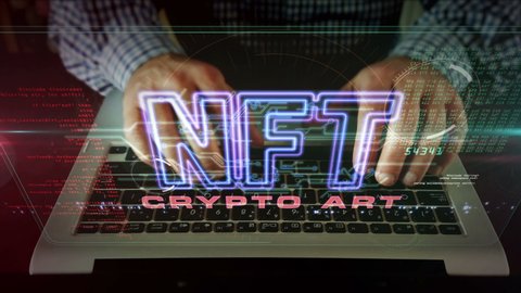 NFT crypto art sign, non fungible token of unique artist collectibles, blockchain and digital artwork selling technology symbol. Man typing on keyboard. Futuristic abstract concept 3d rendering.
