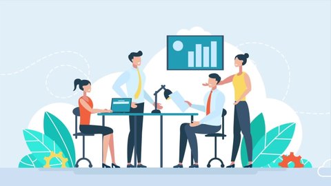 Workplace, Teamwork, Illustration, workers are sitting at the negotiating table, collective thinking and brainstorming, company information analytics. Growing graph. 2d flat finance animation.
