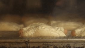 Sausage in the dough in the oven. fast food baking process in a small bakery. ungraded video