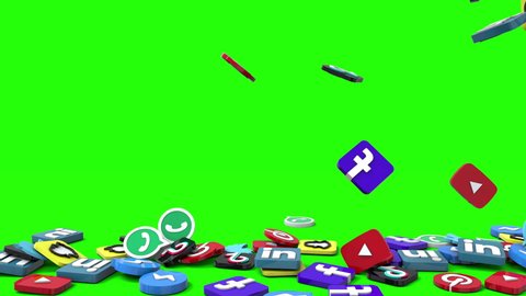 Facebook,Tik Tok,Youtube,Snapchat,Messenger,Whatsapp,Linkedin and Twitter 3d logos of most popular social networks falling on a green screen chroma key new background.Social Media Concept.