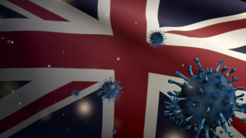 United Kingdom flag waving with the Coronavirus outbreak infecting respiratory system as dangerous flu. Influenza type Covid 19 virus with national Britain banner blowing background-Dan Royalty-Free Stock Footage #1069557973