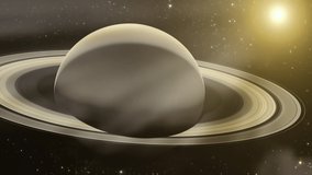 Space Flight near Planet Saturn in front of the Sun. Elements of this Video furnished by NASA.  