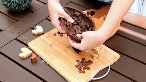 Woman breaking and showing half of a dark chocolate Easter egg with crispy almond.