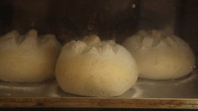Bakery baking process in factory. Bakery activity. Process of preparing bread dough before being baked. Bread in the oven. Working in a bakery slow motion 100 fps. ungraded video.