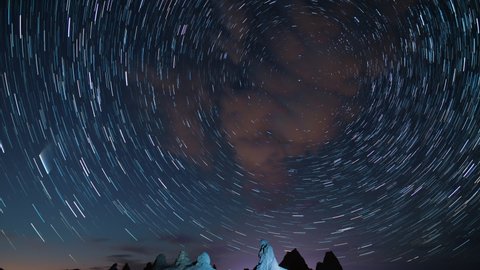 Startrails Comet NEOWISE Trona Pinnacles Mojave Desert California Northwest Star Polaris Astrophotography Time Lapse