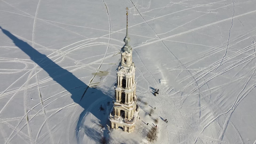 Russia, Tver region. Kalyazin. Bell tower of the flooded St. Nicholas Cathedral on an island in the Uglich reservoir in winter.