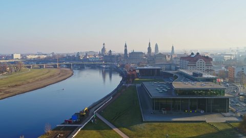 panoramic drone flight over Elbe in Dresden