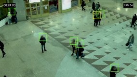 CCTV camera detects people's faces. Scanning the crowd of people walking at the airport. Artificial intelligence analyzes big data.	
