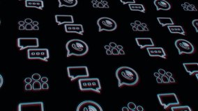 background of bright glowing elements, seamless wallpaper of symbols and icons moving from left to right, icons for business with neon outline on black color, icons characters and information in messe