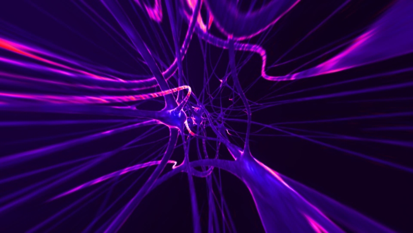 Conceptual 3d animation of neuron cells with glowing link knots in abstract dark space and extremely fisheye lens in pink and violet colors. Seamless loop. Royalty-Free Stock Footage #1069583617