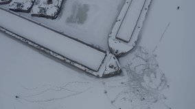 Kiev. Ukraine.  Winter. Anchorage of ships. Frost. Drone video.