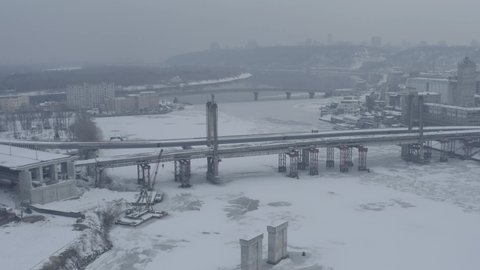 Old bridge Kyiv. Aerial. Ukraine. Winter