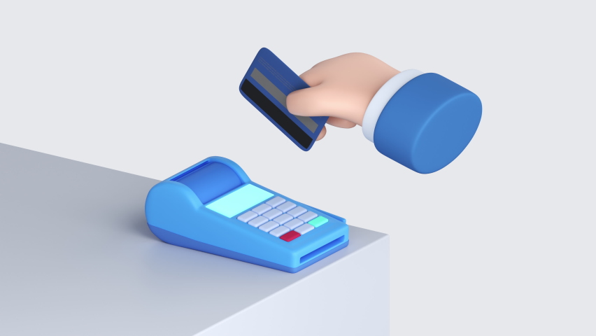 Cartoon character hand with white skin pays by credit card using magnetic card reader of POS terminal. Payment's completed and terminal print paper check receipt. 3d loop animation with alpha matte. Royalty-Free Stock Footage #1069594228