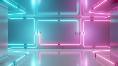 3D 4K Abstract background with a bright blue and red spectrum. A neon rectangle appears on a white wall. Abstract background with neon rectangle is great for product presentation or lettering.