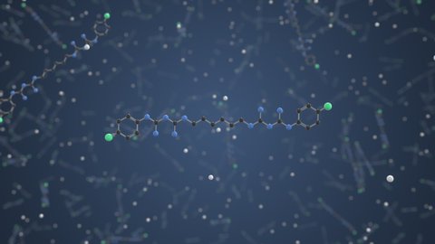 Chlorhexidine molecule. Ball-and-stick molecular model. Chemistry related looping 3d animation