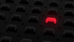 Black joysticks on a black textured surface. Red glowing objects on the background. Depth of field. Gamepads on glossy table background. Gamer and business concept. 3d loop animation of 4K