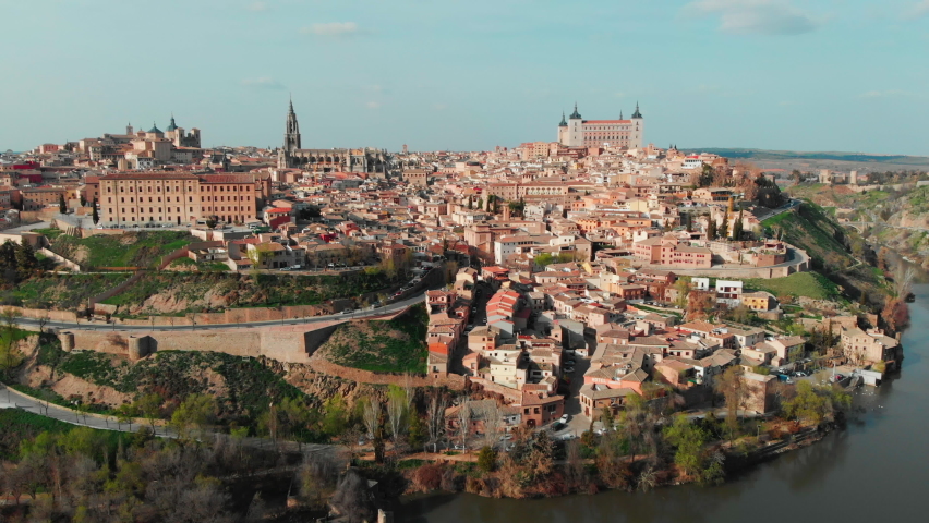 Aerial panoramic drone point of view historical city of Toledo. Castilla–La Mancha, declared World Heritage Site by UNESCO. Travel and tourism, famous tourist attraction place concept. Spain. Europe