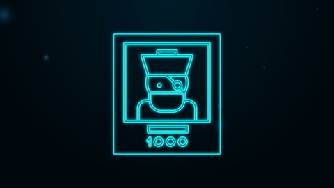 Glowing neon line Wanted poster pirate icon isolated on black background. Reward money. Dead or alive crime outlaw. 4K Video motion graphic animation.