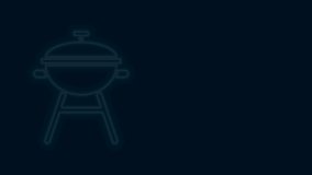 Glowing neon line Barbecue grill icon isolated on black background. BBQ grill party. 4K Video motion graphic animation.