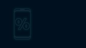 Glowing neon line Percent symbol discount and mobile phone icon isolated on black background. Sale percentage - price label, tag. 4K Video motion graphic animation.