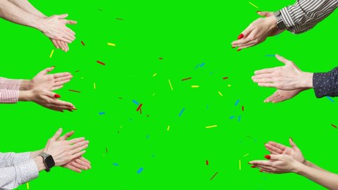 A hands are clapping at green screen background. A hands are applauding with a confetti in flight at chroma key. Concept of victory and award. Copy text space. Subscrabers or followers count