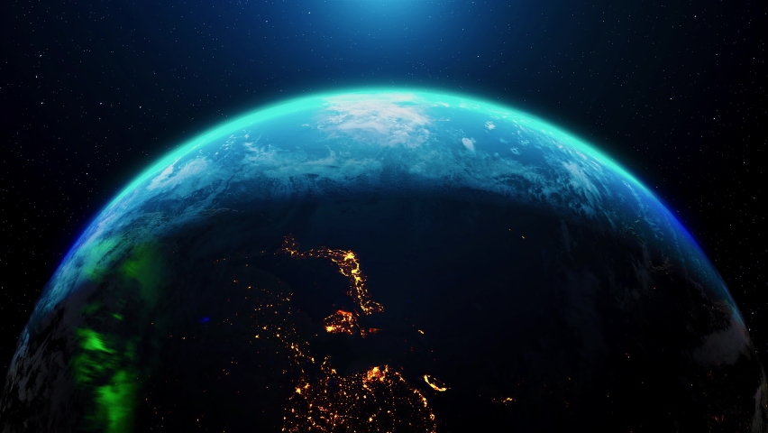 Loopable. Planet Earth from space rotation day to night skyline. Aurora light and Thunders. Satellite view space travel. Realistic 3d rendering animation. elements of this image furnished by NASA. Royalty-Free Stock Footage #1069602751
