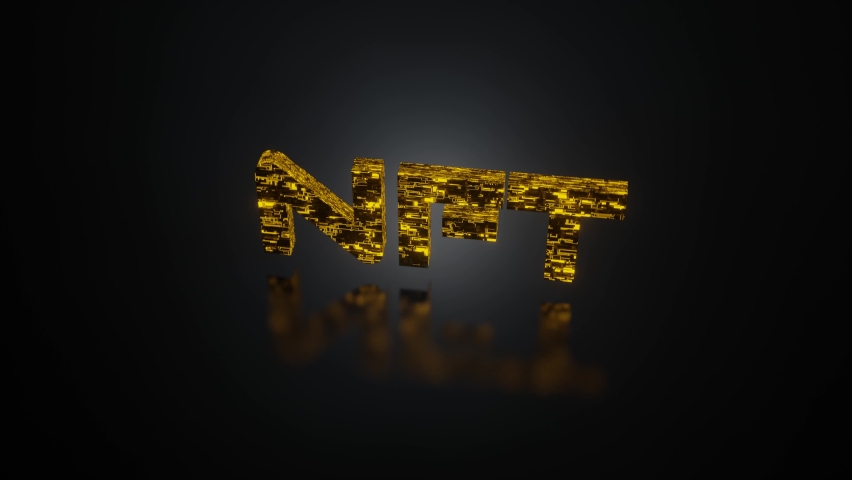 Non-fungible token concept illustration, NFT word with golden wires tech surface on black seamless rotation, 3D rendering Royalty-Free Stock Footage #1069603297