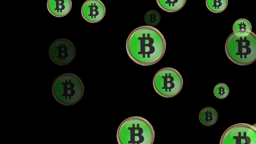 Bitcoin symbols fly across the screen. Animation on a black and empty background.