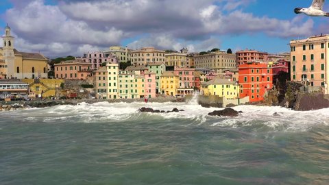 Scenic coastline of the Mediterranean Riviera. Panoramic view of Boccadasse city in Genoa, Liguria.